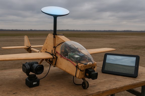 A handmade wooden drone with a dish antenna, camera, and tablet on a field table.