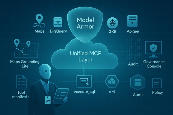 Cloud architecture diagram featuring Unified MCP Layer and Model Armor protecting data.