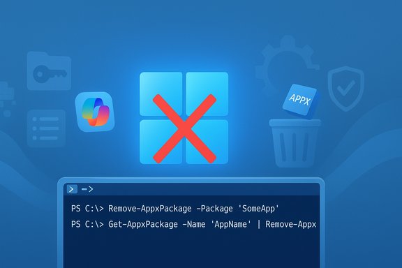 PowerShell removes an AppX package, symbolized by a red X on the app tile.
