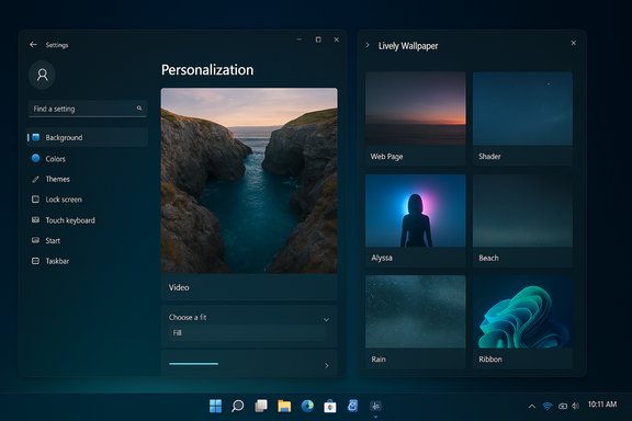 Dark Windows 11–style Settings window showing Personalization and a wallpaper gallery.