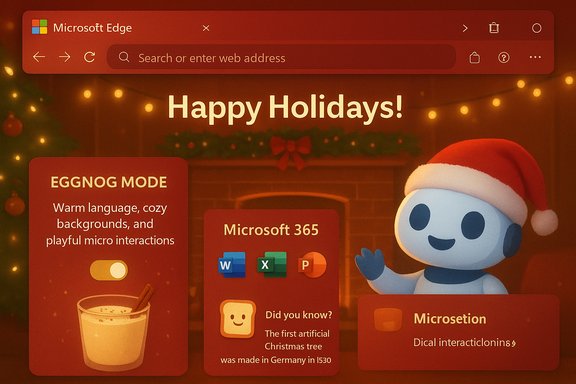 Holiday-themed Microsoft Edge screen with Eggnog Mode, Microsoft 365 tiles, and a Santa-hat robot. Holiday-themed Microsoft Edge screen with Eggnog Mode, Microsoft 365 tiles, and a Santa-hat robot.