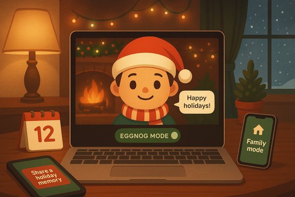 Cozy holiday scene: laptop shows a Santa-hat avatar saying “Happy holidays!” beside a warm fireplace.
