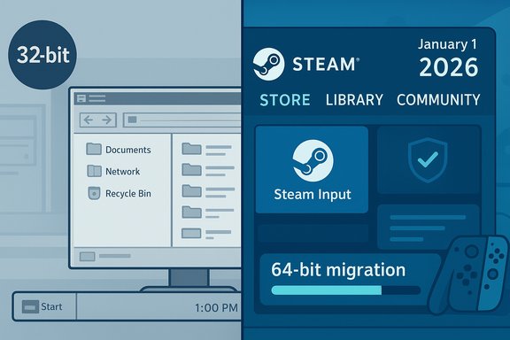 Split-screen illustration showing 32-bit Windows UI transitioning to Steam 64-bit migration.