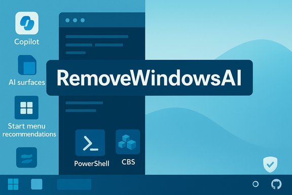 Blue Windows-style illustration promoting RemoveWindowsAI with Copilot branding and app icons.