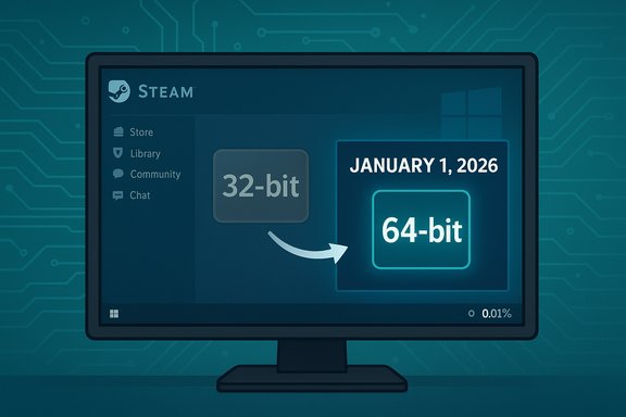 Steam interface upgrades from 32-bit to 64-bit, dated January 1, 2026.