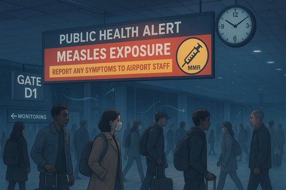 Passengers in a crowded airport under a public health alert for measles exposure. Passengers in a crowded airport under a public health alert for measles exposure.