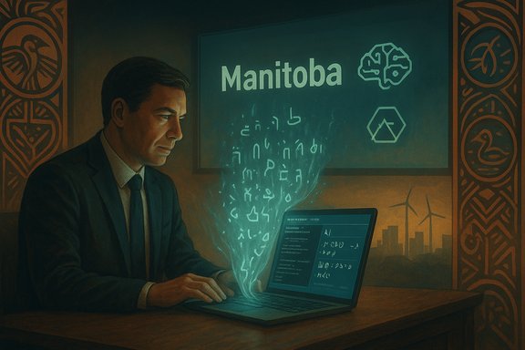 A businessman in a suit works on a laptop as glowing symbols rise from it, Manitoba on the screen.