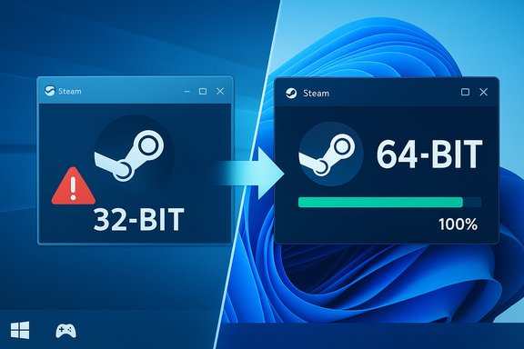 Steam shows upgrading from 32-bit to 64-bit with a 100% progress bar.