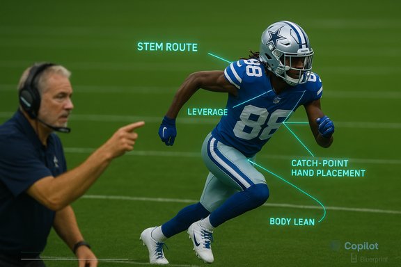 Dallas Cowboys wide receiver in blue sprints downfield as a coach points, with on-screen coaching cues.