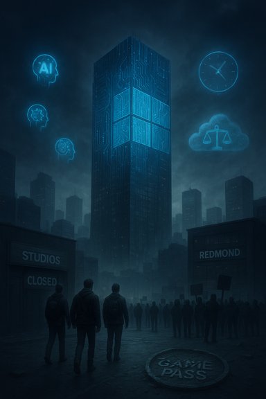 Dystopian cityscape with a glowing circuit skyscraper as crowds queue around a neon 'GAME PASS' circle.