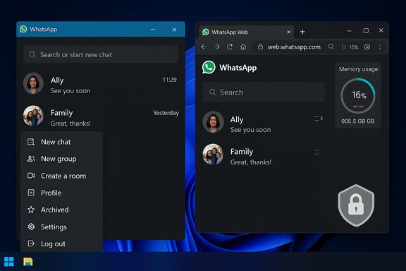 Two WhatsApp views side by side on Windows—desktop chats and WhatsApp Web.