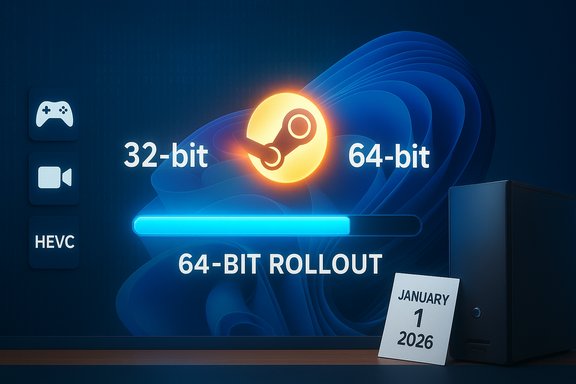 Graphic illustrating a 64-bit rollout vs 32-bit with a progress bar and January 1, 2026.