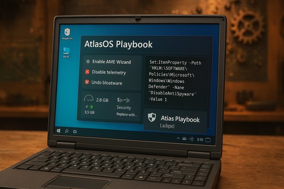 Laptop screen shows AtlasOS Playbook UI with options like Enable AME Wizard, disable telemetry, undo bloatware.