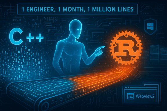 Futuristic digital figure points at a glowing orange R gear amid blue C++ symbols.