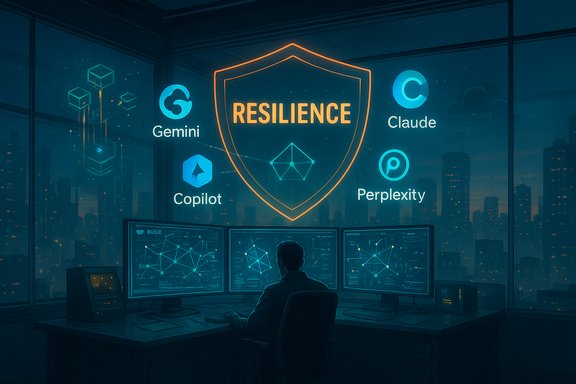 A dark control room displays a glowing “RESILIENCE” shield with AI logos as a technician monitors multiple screens.