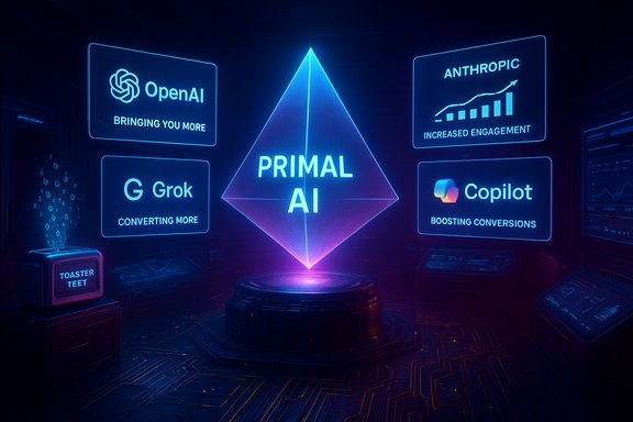 A neon-lit holographic display centers PRIMAL AI, flanked by panels for OpenAI, Grok, Anthropic, and Copilot.