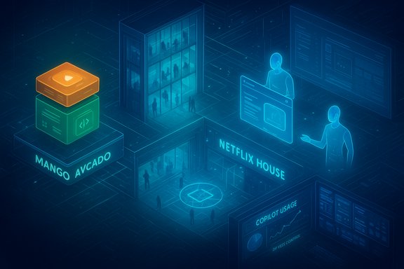 Neon-lit Netflix House featuring holographic interfaces, data blocks, and visitors exploring a futuristic digital campus.