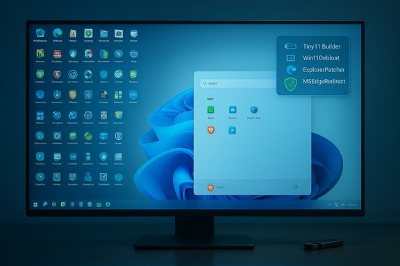 A blue-tinted monitor shows a Windows-like desktop full of app icons and a floating launcher panel.