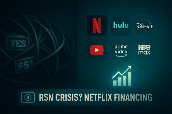 Streaming service icons and the “RSN Crisis? Netflix Financing” headline over tangled cables.