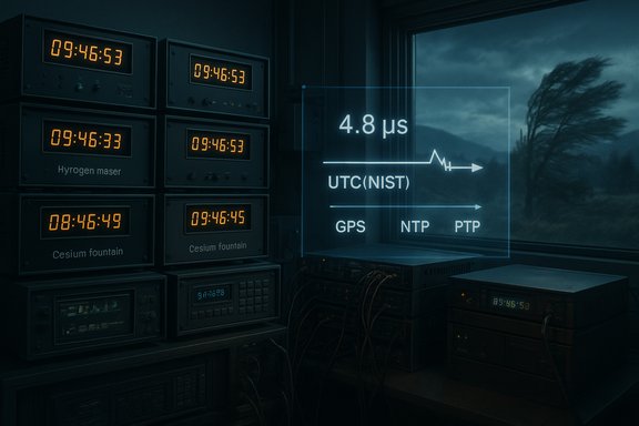 A precision timekeeping lab with multiple Cesium fountain clocks and a holographic 4.8 μs UTC(NIST) diagram.