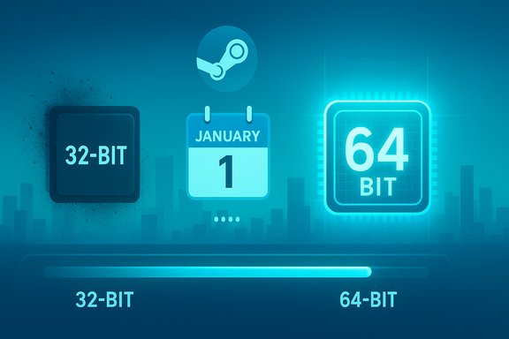 Blue tech infographic depicting the move from 32-bit to 64-bit computing.