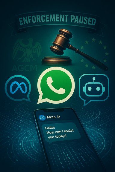 Enforcement paused as a gavel hovers over chat icons (WhatsApp, Discord, Meta AI) on a smartphone.