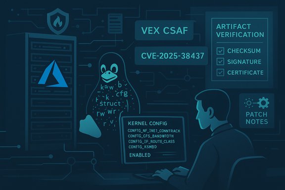 A security analyst analyzes Linux kernel configs and CVE data on a blue cybersecurity backdrop.
