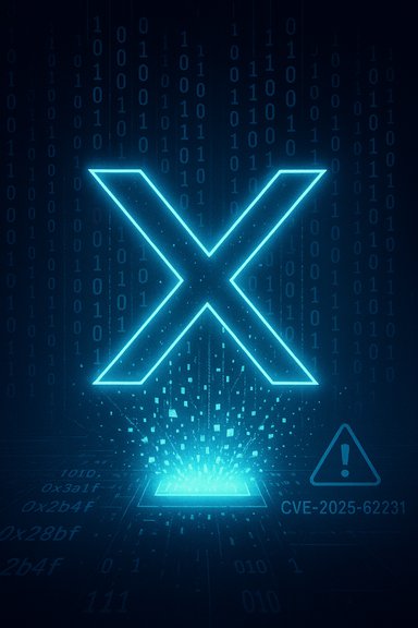 Blue neon X over binary code with a CVE-2025-62231 warning, signaling a cybersecurity vulnerability. Blue neon X over binary code with a CVE-2025-62231 warning, signaling a cybersecurity vulnerability.