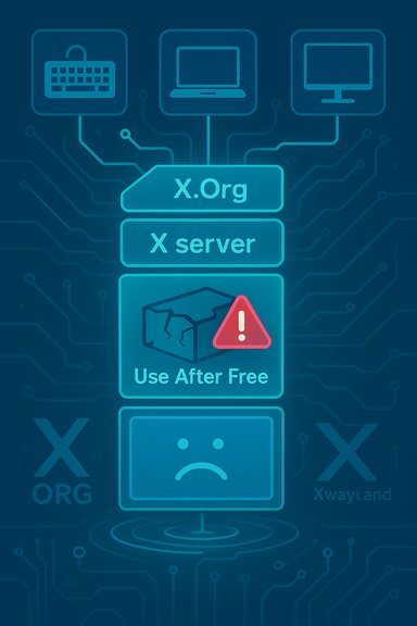 Tech infographic showing a Use After Free warning on the X.Org X server.