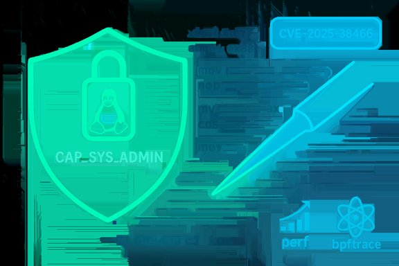 Neon shield with the Linux penguin and CAP_SYS_ADMIN, alongside a glowing dagger symbolizing a security vulnerability.