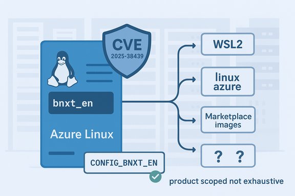 Azure Linux diagram links bnxt_en to WSL2, Linux Azure, and Marketplace images; CVE shield; product scope not exhaustive.
