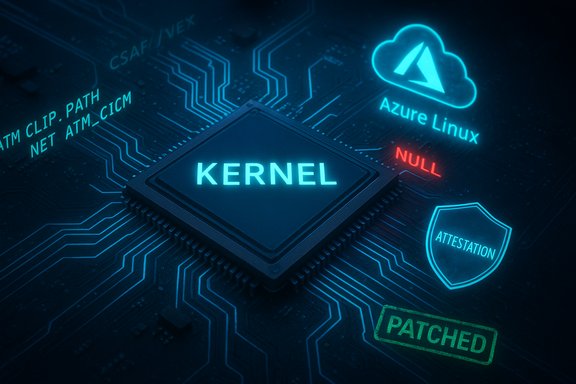 A glowing KERNEL chip rests on a circuit board, surrounded by Azure Linux, attestation shield, and patch marks.