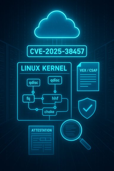 Neon cloud diagram of CVE-2025-38457 affecting the Linux kernel with security icons.