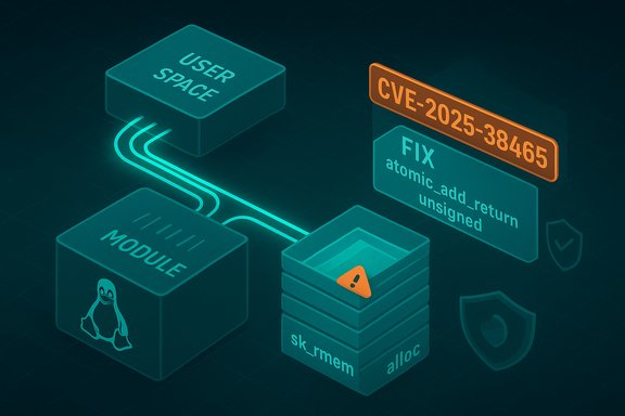 Isometric diagram showing a Linux kernel module fix for CVE-2025-38465 with atomic_add_return and unsigned.