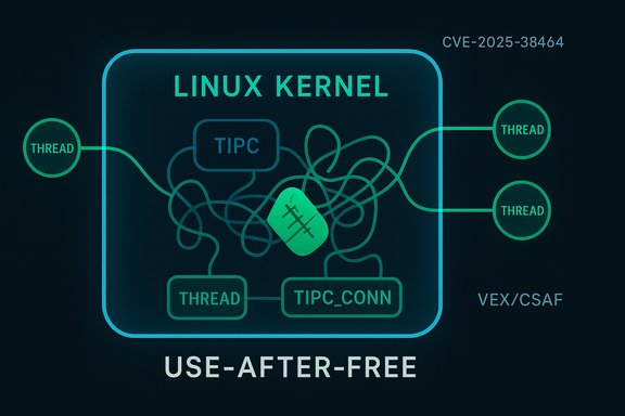 Diagram of a Linux kernel use-after-free flaw (CVE-2025-38464) with TIPC and threads.