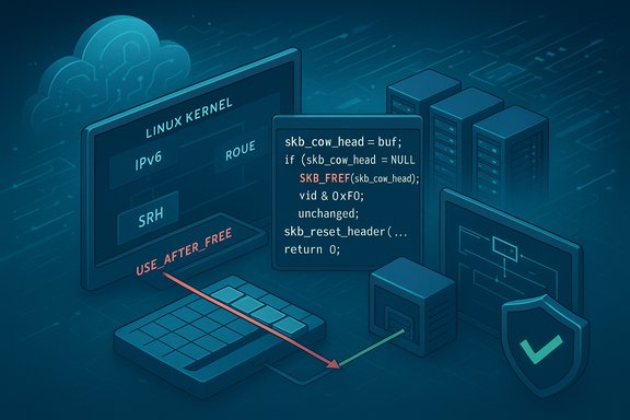 Linux kernel illustration showing a use-after-free vulnerability with code, servers, and shield.