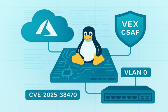 Tux the penguin sits on a circuit board, connected to cloud and a VEX CSAF shield (CVE-2025-38470).