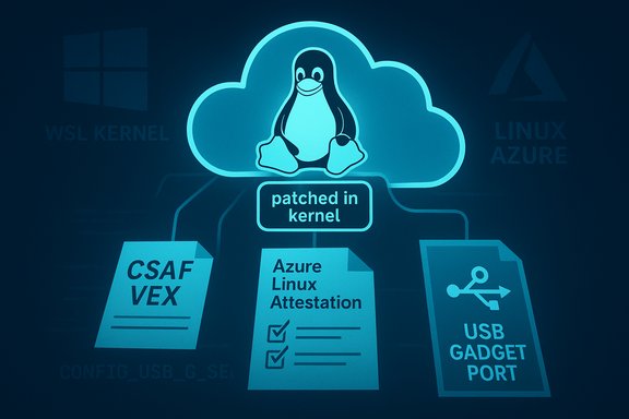 Penguin in a cloud shows 'patched in kernel' with CSAF VEX, Azure Linux Attestation, and USB gadget port.