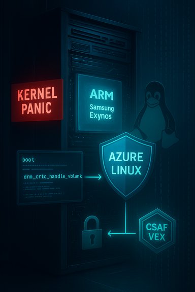 Glowing server rack featuring ARM Exynos, Azure Linux shield, kernel panic sign, Tux, and lock icons.