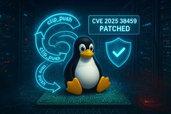 Penguin mascot sits on a circuit board as neon graphics announce CVE 2025-38459 patched. Penguin mascot sits on a circuit board as neon graphics announce CVE 2025-38459 patched.