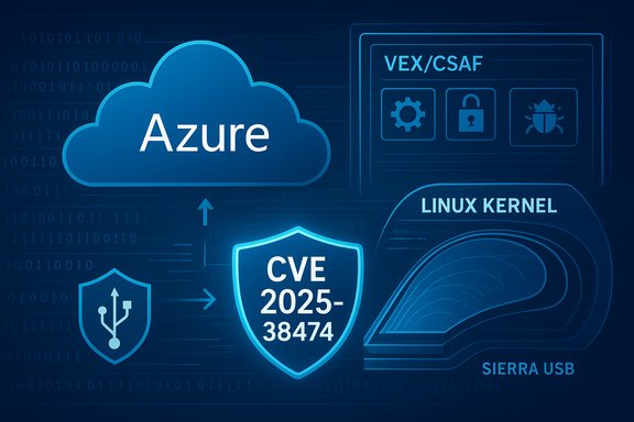Azure cloud with security icons highlighting a Linux kernel CVE-2025-38474 vulnerability.