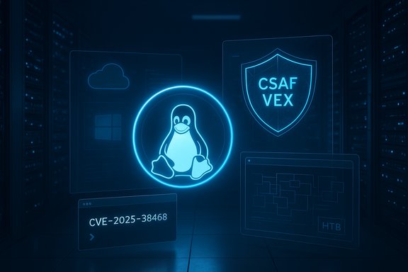 Blue holographic display in a data center shows Linux penguin, CSAF VEX shield, and CVE alert.