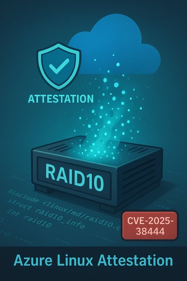 Azure Linux Attestation poster with cloud shield, RAID10 server, and CVE-2025-38444.