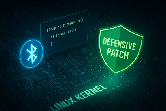 Linux kernel defensive patch concept with Bluetooth icon and code panel.