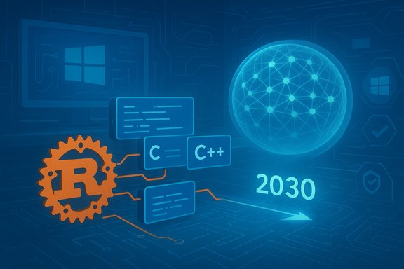 Rust gear with C/C++ blocks on a blue tech network headed to 2030.