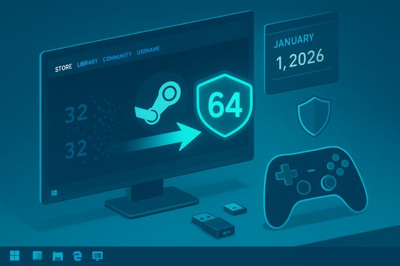Blue-toned illustration of a computer screen showing Steam logo, a 64 shield, and a game controller.