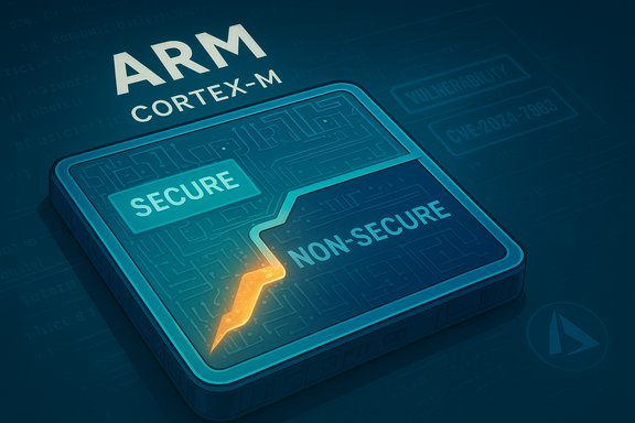 ARM Cortex-M MCU with secure and non-secure zones separated by a glowing barrier.