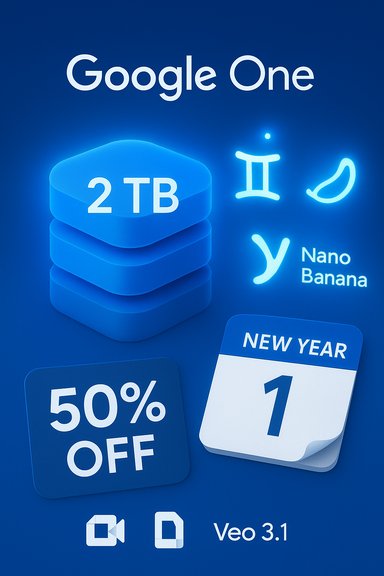 Google One neon promo featuring a 2 TB cloud stack, 50% off, and a New Year calendar.