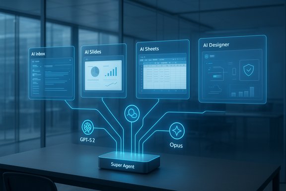 Futuristic holographic AI dashboard displaying panels for AI Inbox, AI Slides, AI Sheets, and AI Designer.