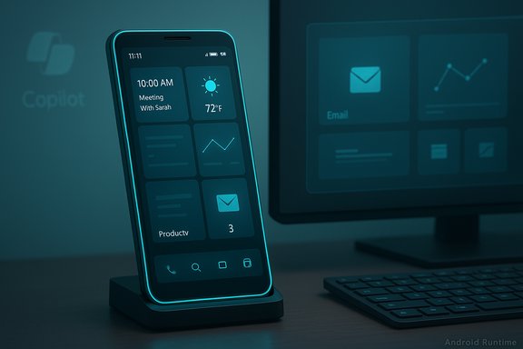 A neon-cyan smartphone on a dock beside a monitor, displaying a tile-based home screen.
